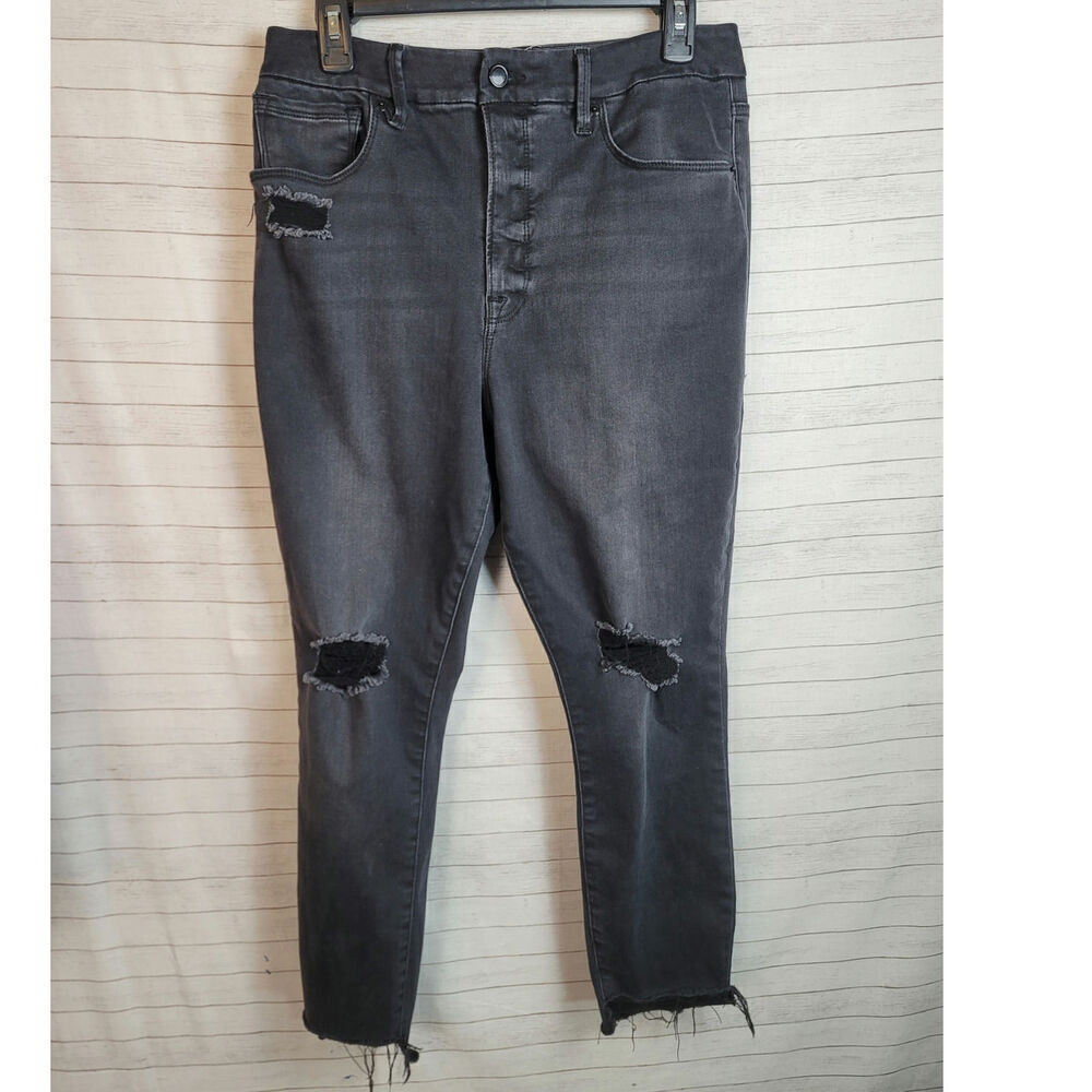 Good American Faded Black Good High Waist Crop Skinny Uneven Hem Jeans, sz 14/32